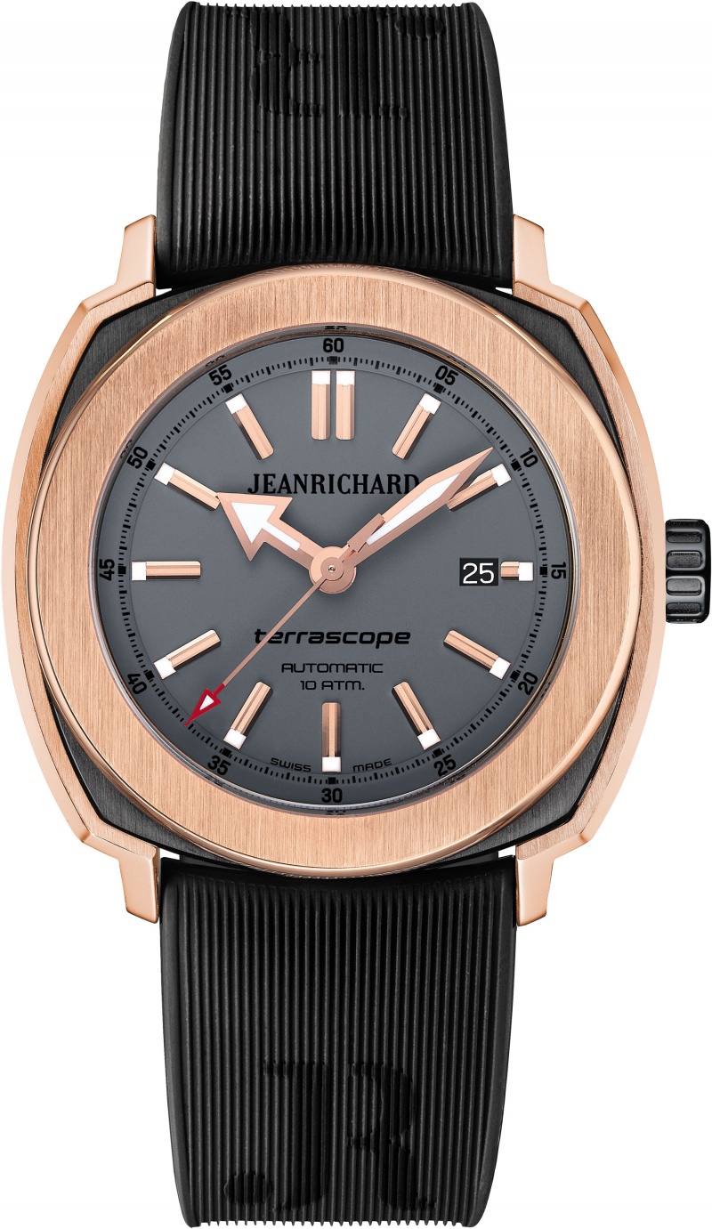 JeanRichard Terrascope Gold with sandblasted and vertically satin-finished black DLC-coated stainless steel case and pink gold bezel