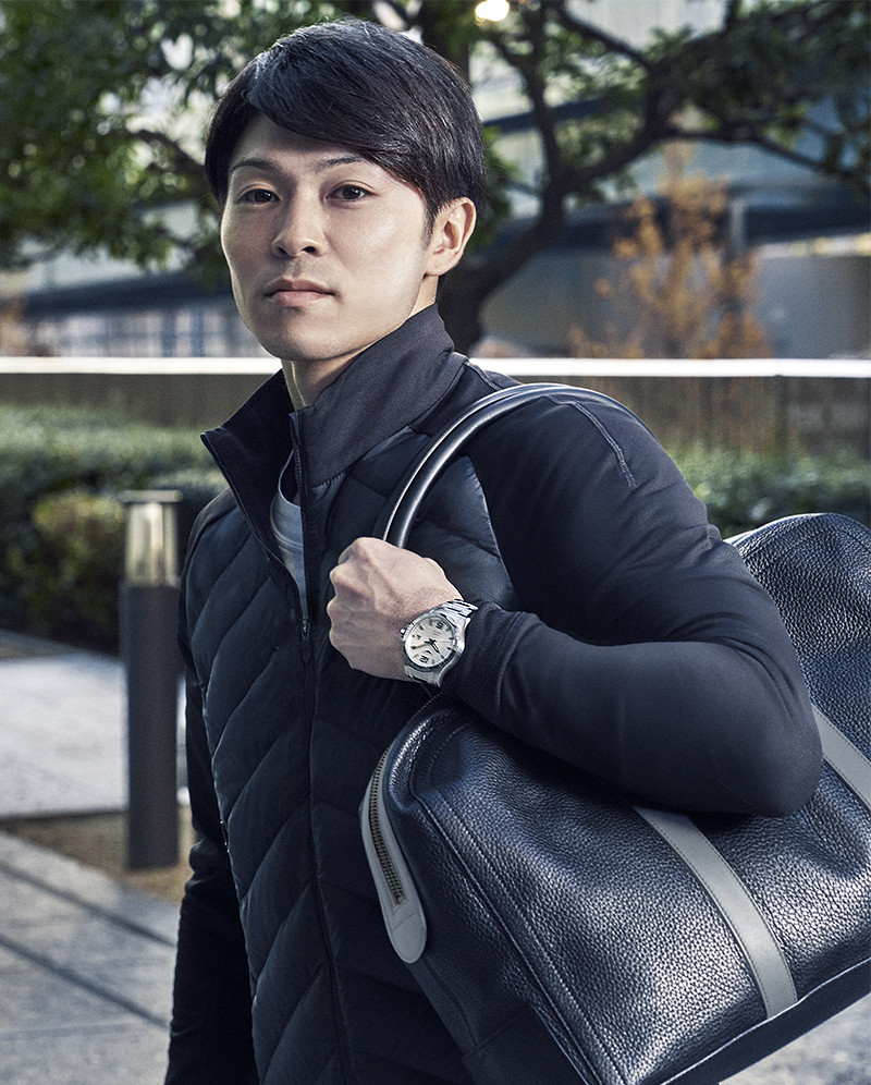 Kohei Uchimura wearing Longines Conquest V.H.P. GMT Flash Setting watch